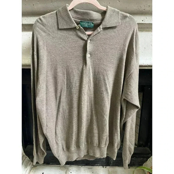 Vintage Tom James‎ Men's Polo Shirt Long Sleeve Size XXL Gray Wool Silk Cashmere - Picture 1 of 10